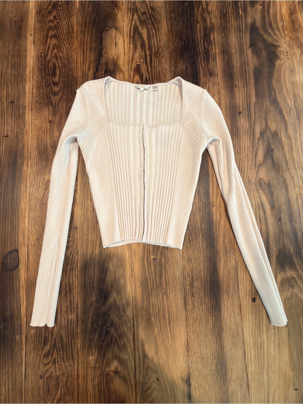 Guess Ribbed Square-Neck Long Sleeve Crop Top - Cream